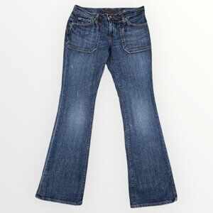 Y2K Blue Cult Women Low Rise Bootcut Denim Jeans Blue Medium Wash Flap Pockets